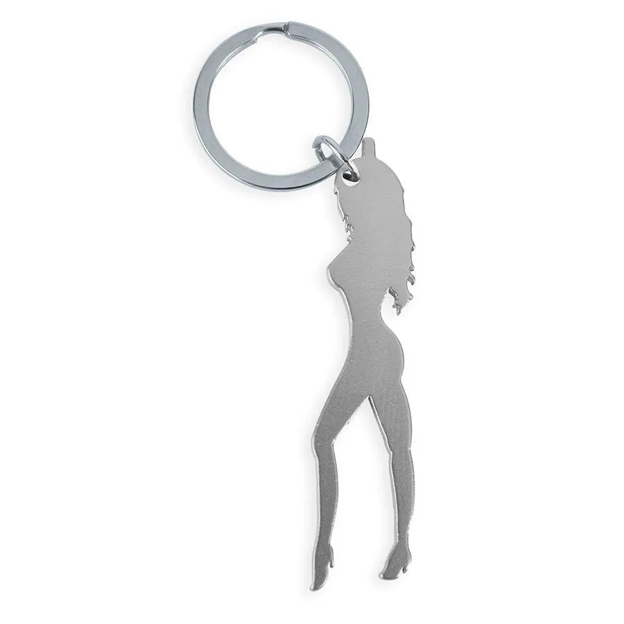 Porte-clés décapsuleur métal argenté silhouette féminine cadeau enterrement vie garçon