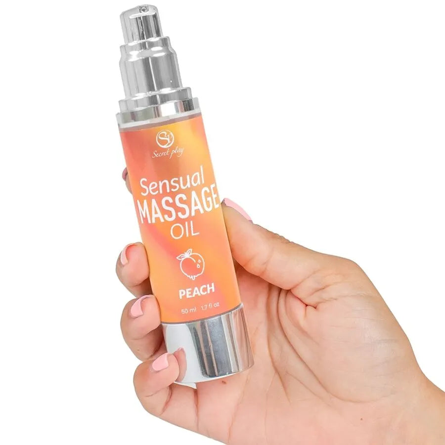 Huile massage érotique pêche hydratante texture glissante soyeuse 50ml flacon sans air format nomade tournesol truffe noire acétate tocophéryle