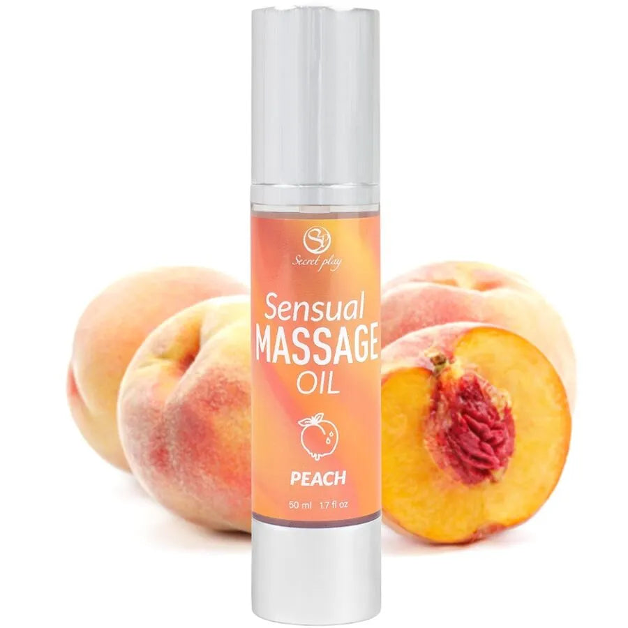 Huile massage érotique pêche hydratante texture glissante soyeuse 50ml flacon sans air format nomade tournesol truffe noire acétate tocophéryle