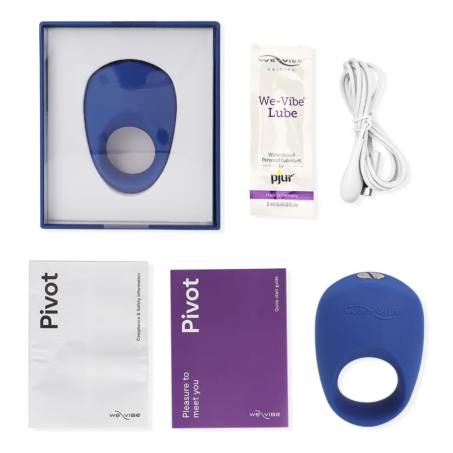 Anneau vibrant bleu en silicone, ergonomique, avec câble de recharge, lubrifiant et manuel, pour stimulation clitoridienne.