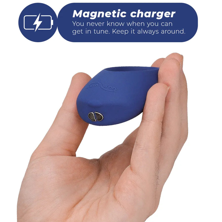 Anneau vibrant bleu en silicone, compact, rechargeable, pour stimulation clitoridienne, avec 10 modes de vibration.