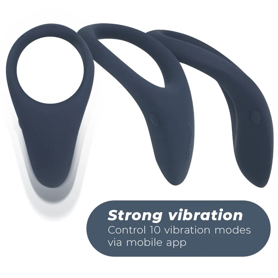 Anneau vibrant bleu foncé ergonomique pour stimulation périnée, étanche, USB, contrôle à distance via application mobile.