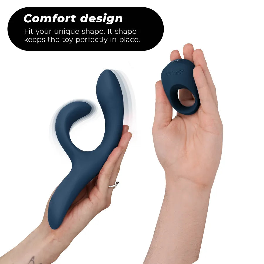 Ensemble vibromasseur bleu et anneau pénien en silicone, design ergonomique, contrôle à distance, rechargeable.