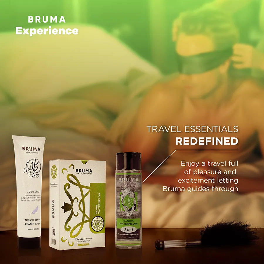 Kit sensuel BRUMA XPERIENCE avec lubrifiant naturel ultra-glissant, huile pastèque, plume douce et bandeau intime.
