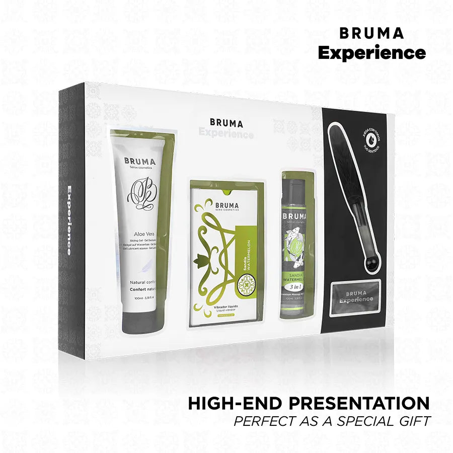 BRUMA expérience kit sensuel lubrifiant naturel ultra glissant vibromasseur liquide huile pastèque plume douce bandeau intime voluptueux