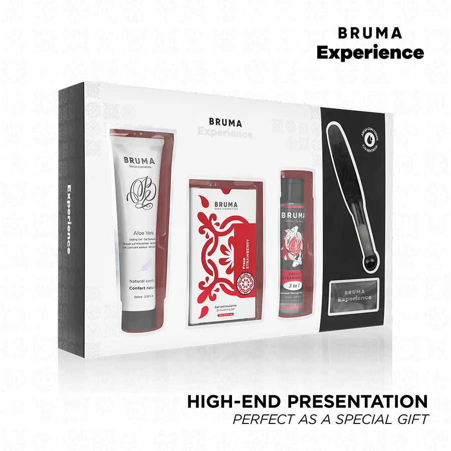 Gel lubrifiant fraise naturel BRUMA soyeux longue durée parfum gourmand massage intime sensuel coffret huile plume bandeau satin
