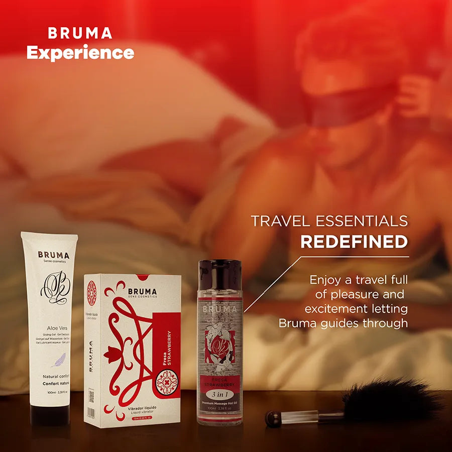 Kit BRUMA XPERIENCE avec lubrifiant, huile, plume noire et bandeau rouge, emballage design fraise douce.