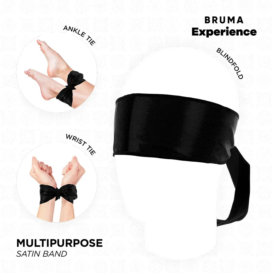 Coffret intime BRUMA avec gel lubrifiant, huile chaude, plume, bandeau satin noir pour expérience sensorielle.
