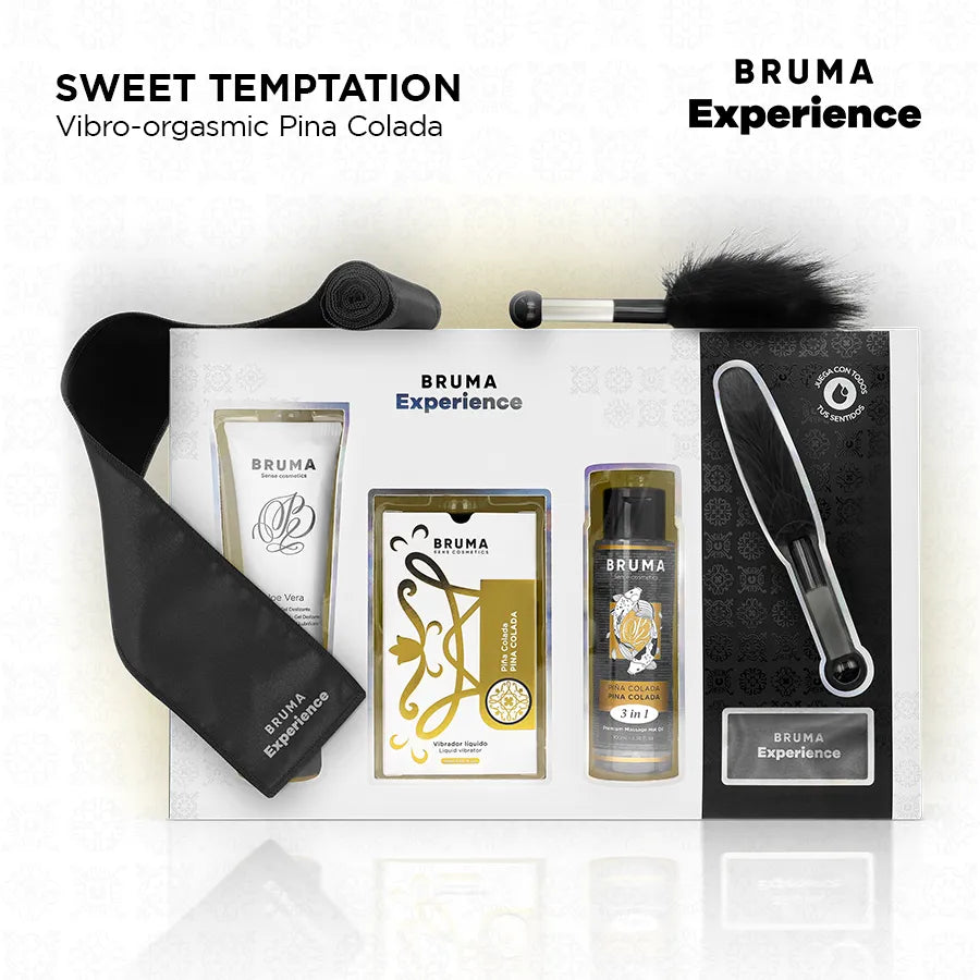 Coffret BRUMA XPERIENCE avec vibromasseur liquide, lubrifiant, huile, plume noire et bandeau, thème Pina Colada.