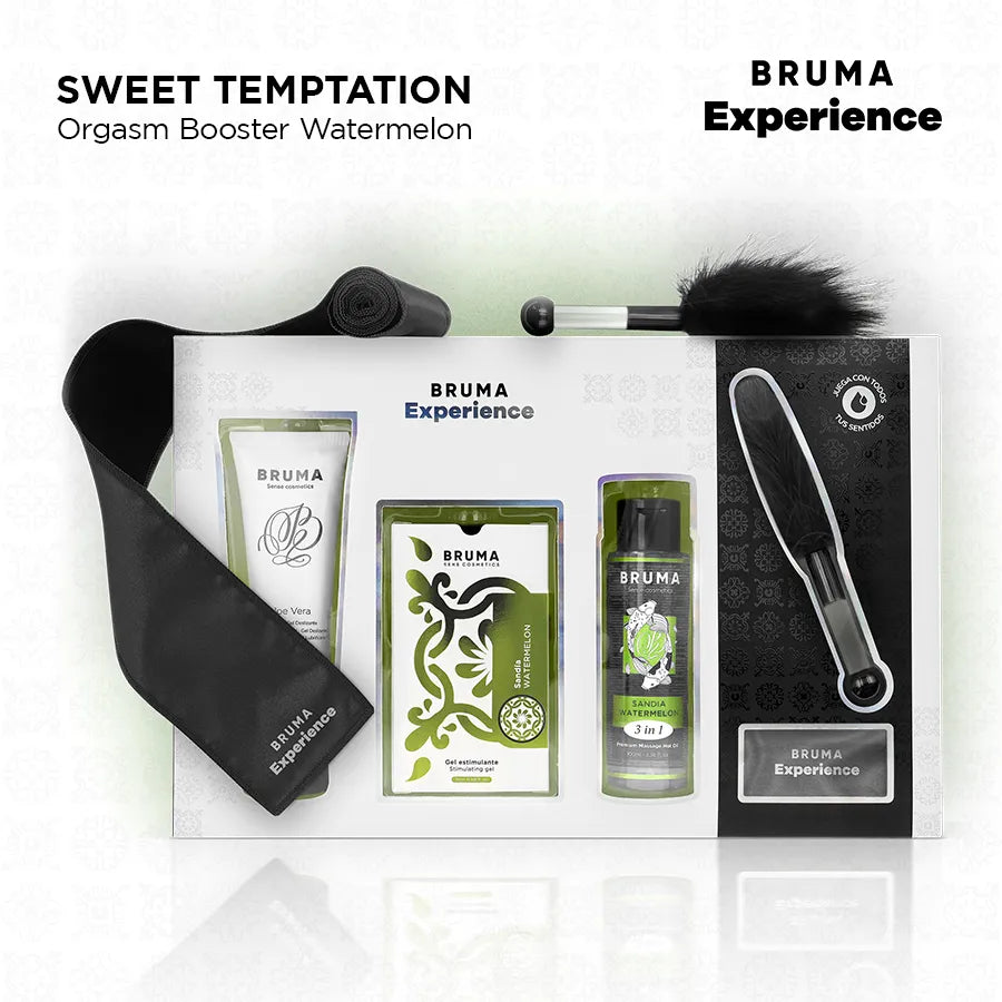 Coffret sensualité BRUMA: gel lubrifiant fraise, huile massage, bandeau satin noir, plume noire, design élégant.
