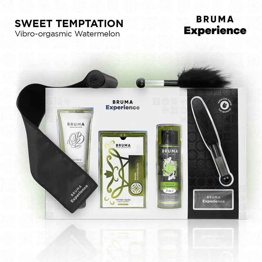 Kit BRUMA XPERIENCE avec lubrifiant pastèque, plume noire, bandeau et accessoires sensuels sur fond blanc.