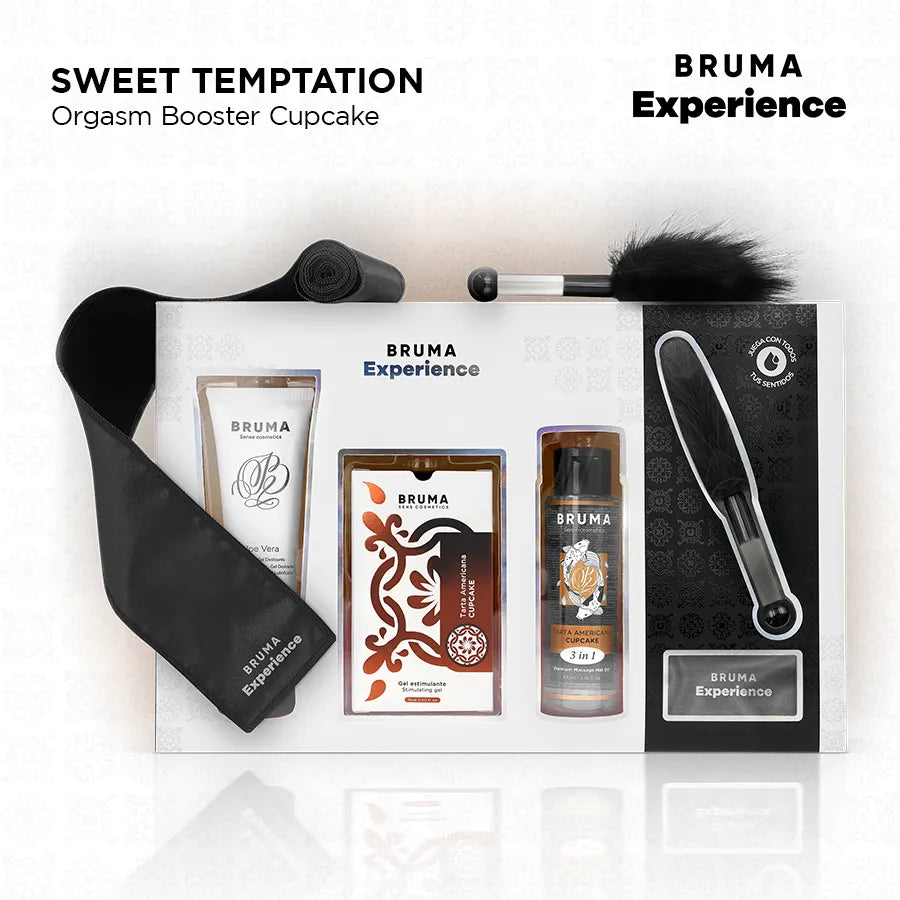 Coffret Intime BRUMA avec gel lubrifiant, huile chaude, plume noire, bandeau satin noir, design élégant et raffiné.