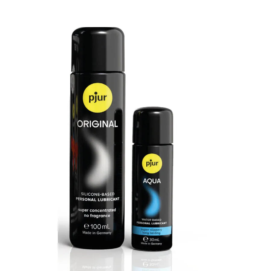 Coffret Pjur édition limitée 30e anniversaire, lubrifiants silicone et eau, flacons noirs 100ml et 30ml.