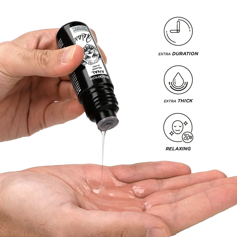 Gel lubrifiant anal relaxant silicone 300ml, flacon noir, liquide transparent, effet engourdissant, compatible préservatifs.