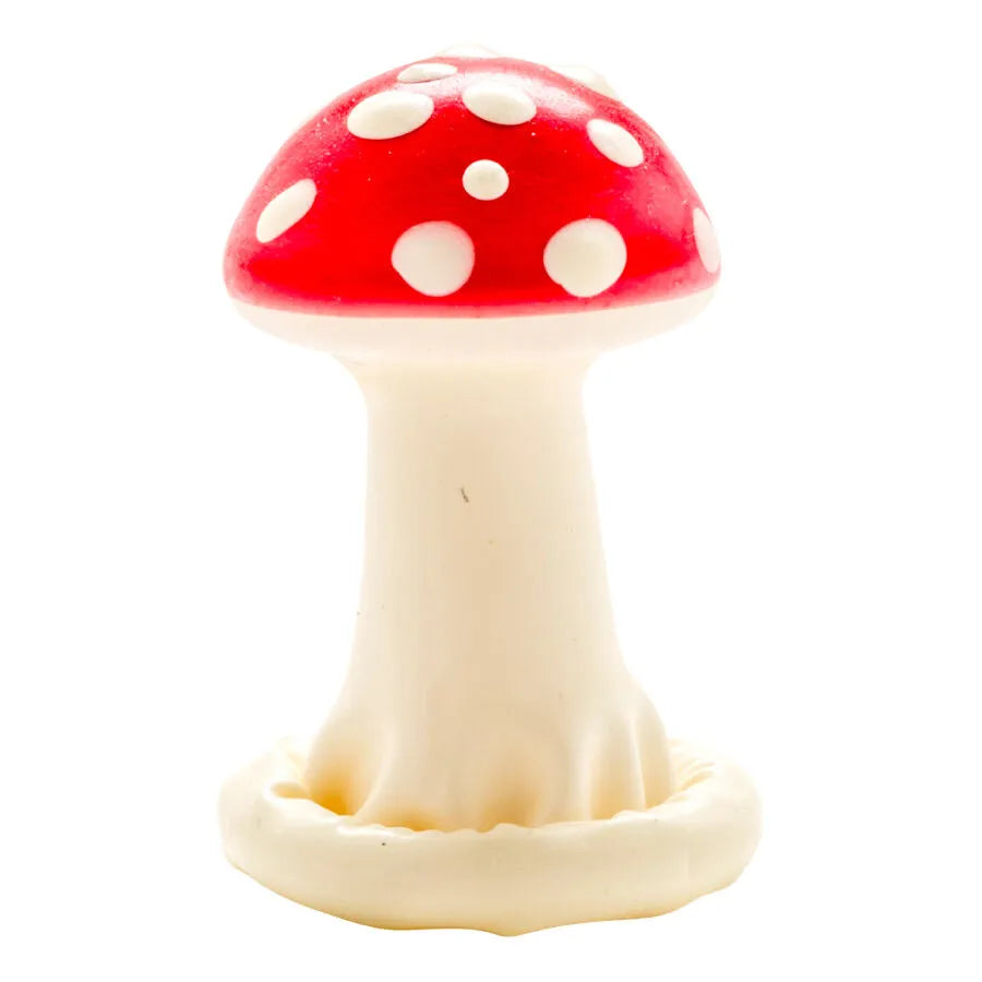 Préservatif fantaisie peint à la main en forme de champignon rouge à pois blancs, style bohème, unique et artisanal.