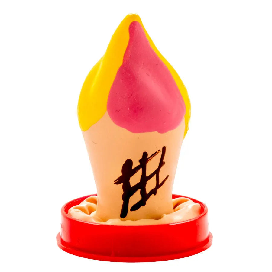 Préservatif fantaisie peint main, motif glace colorée, style bohème, sur support rouge, artisanat unique Amsterdam.