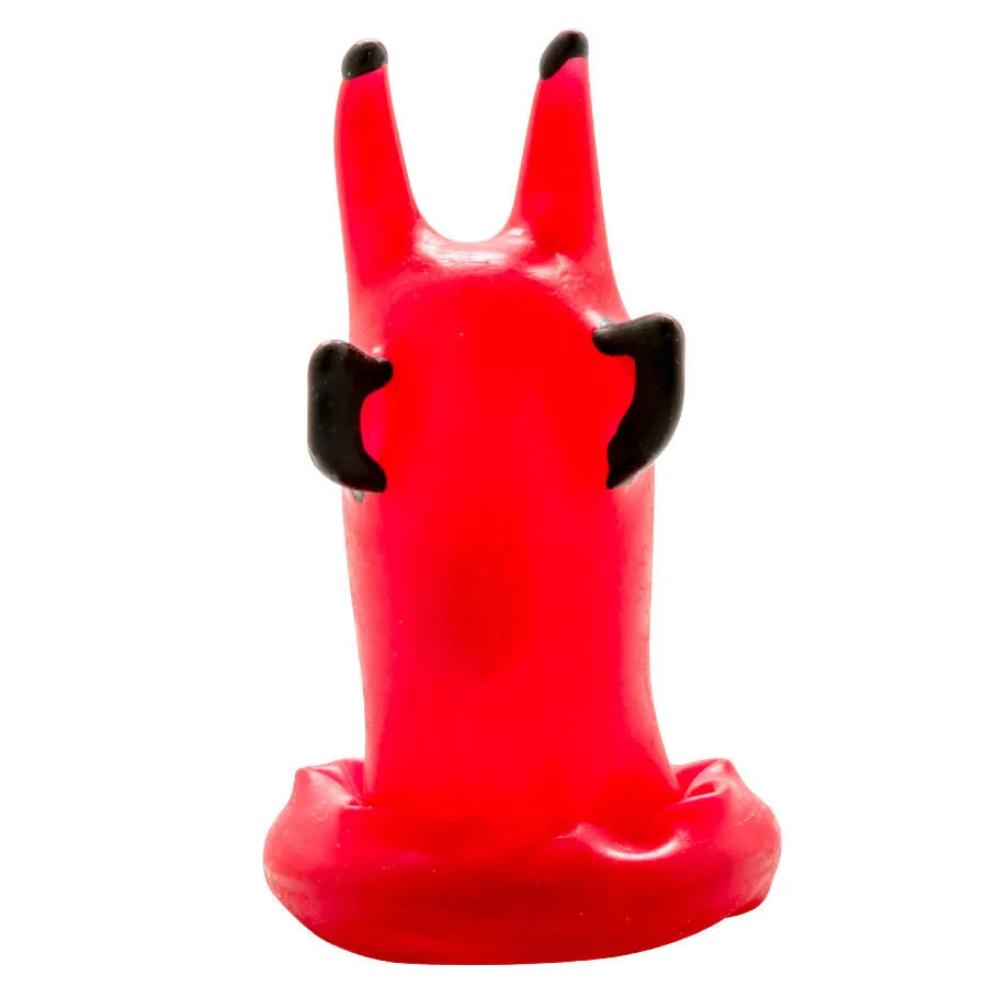 Préservatif fantaisie rouge diable, peint à la main, avec cornes et détails noirs, style bohème d'Amsterdam.