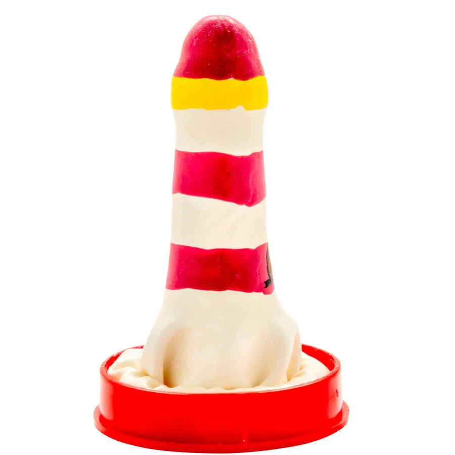 Préservatif fantaisie peint à la main en forme de phare, rayures rouges et jaunes, style bohème unique, Amsterdam.