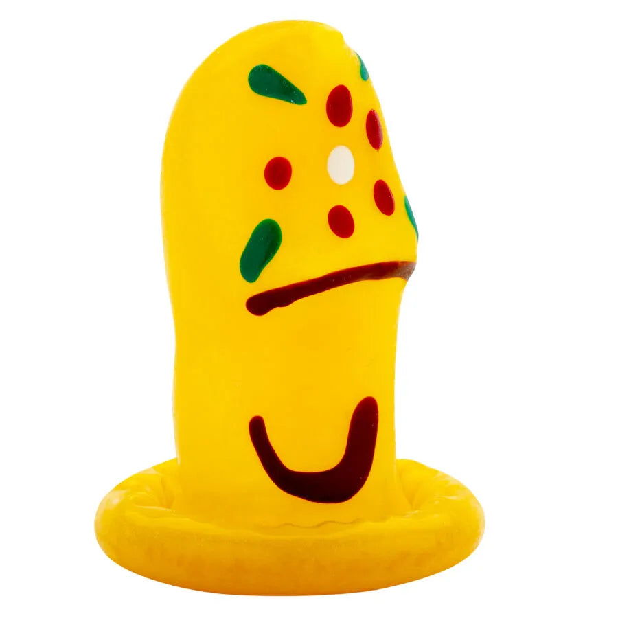 Préservatif fantaisie jaune peint à la main, motifs colorés, style bohème, unique et artisanal, cadeau érotique original.