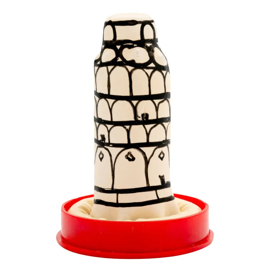 Préservatif fantaisie peint main, motif Tour de Pise noir sur fond beige, base rouge, style bohème Amsterdam.