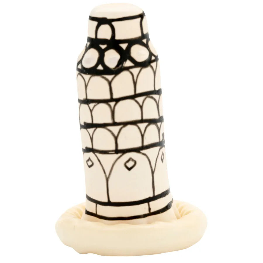 Préservatif fantaisie peint main, motif Tour de Pise noir sur fond blanc, style bohème, cadeau unique et artistique.