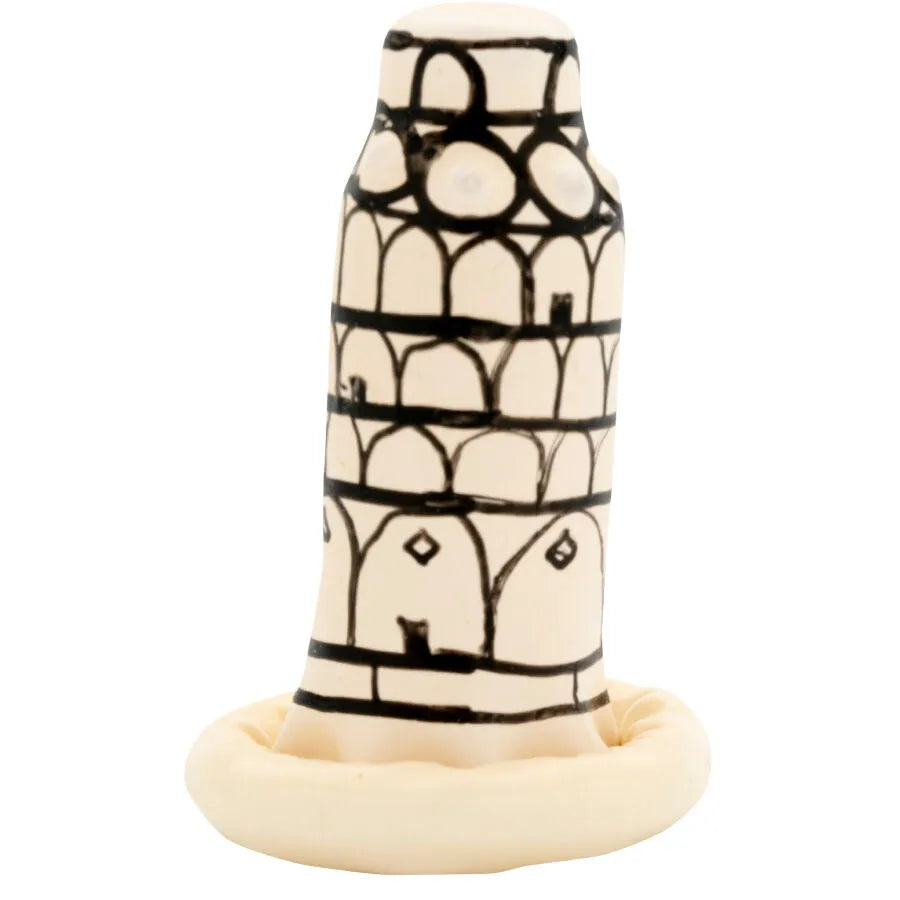 Préservatif fantaisie peint à la main, motif Tour de Pise noir et blanc, style bohème, cadeau unique.