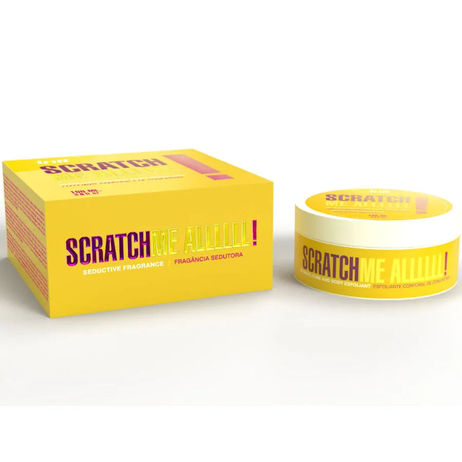 Gel exfoliant intime et corps jaune, design élégant, 100ml, avec boîte assortie, microsphères pour nettoyage profond.