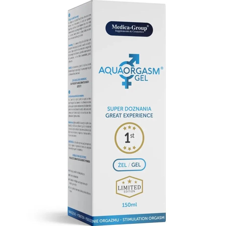 Gel intime Aqua Orgasm 150ml, emballage bleu et blanc, design élégant, logo Medica Group, texte en plusieurs langues.