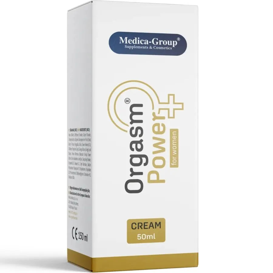 Crème intime Orgasm Power Medica Group 50ml, tube moderne blanc et or, améliore sensations, ingrédients naturels.