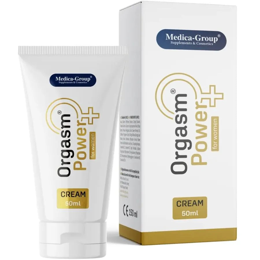 Crème intime Orgasm Power 50ml, tube blanc design moderne, améliore sensations et satisfaction sexuelle, ingrédients natur...