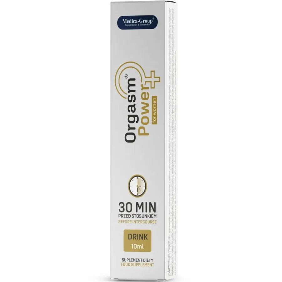 Boisson Orgasm Power 10ml pour femmes, emballage blanc et or, Medica Group, amélioration intime, énergisant naturel.