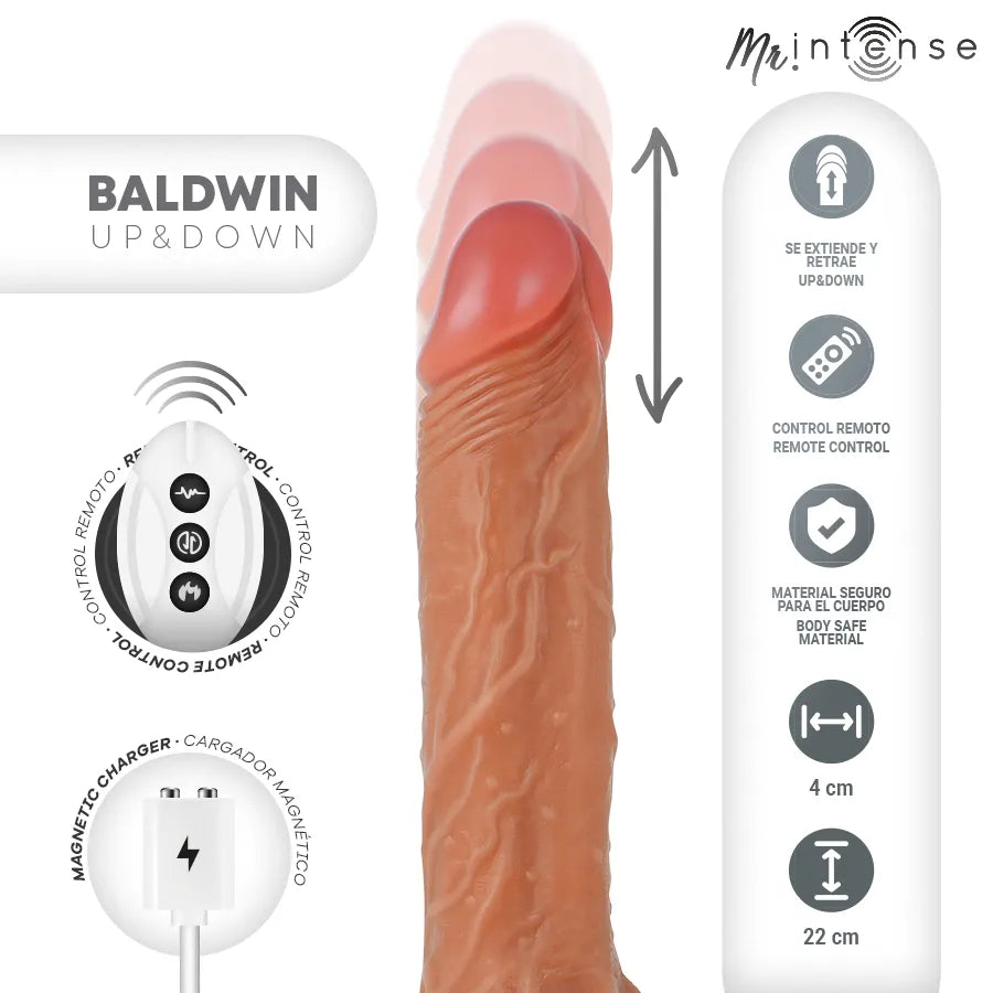 Godemichet réaliste télécommandé Baldwin, 22 cm, silicone médical, couleur chair, design réaliste, stimulation intense.