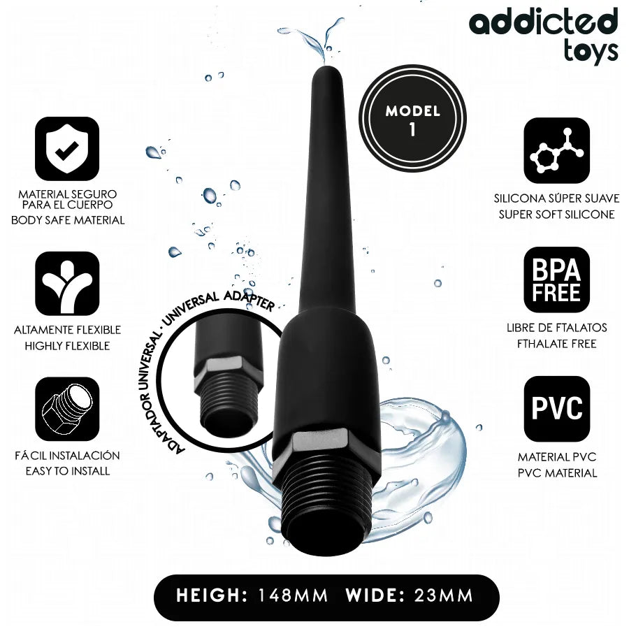 Nettoyant anal noir Addicted Toys Modèle 1, design effilé, adaptateur universel, matériaux PVC souple, 148mm x 23mm.