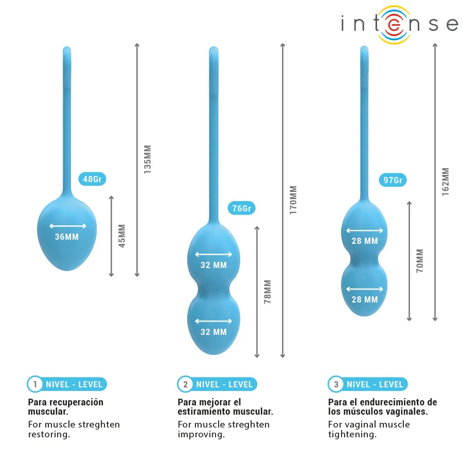 Boules de Kegel bleues en silicone médical, trois tailles pour renforcement pelvien, design moderne et hypoallergénique.