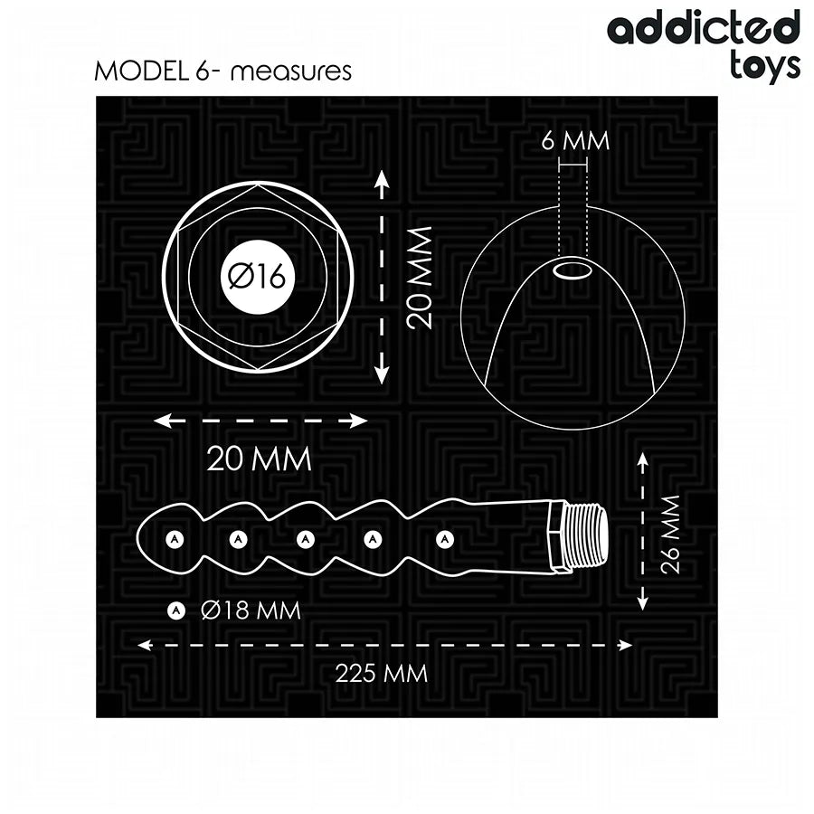 Nettoyeur anal Addicted Toys Modèle 6 en PVC souple, design ergonomique noir avec adaptateur universel, dimensions détaill...