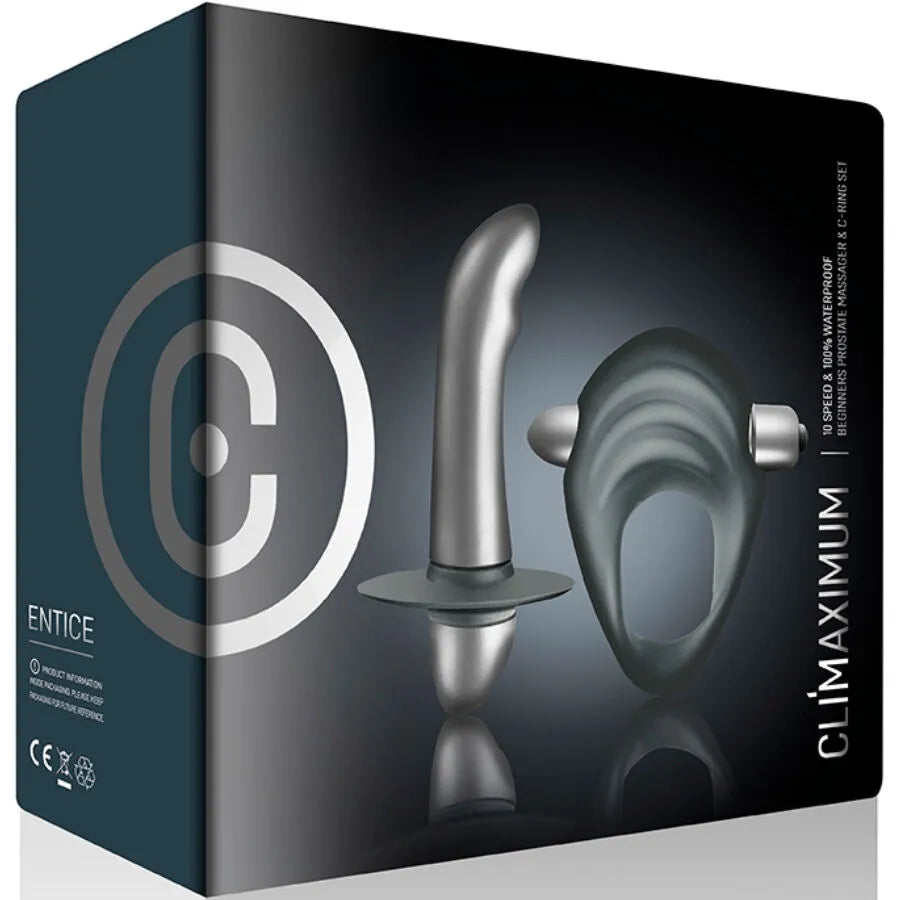Plug anal et anneau vibrant gris en silicone, design ergonomique pour stimulation prostate et G-spot, Climaximum Entice Kit.