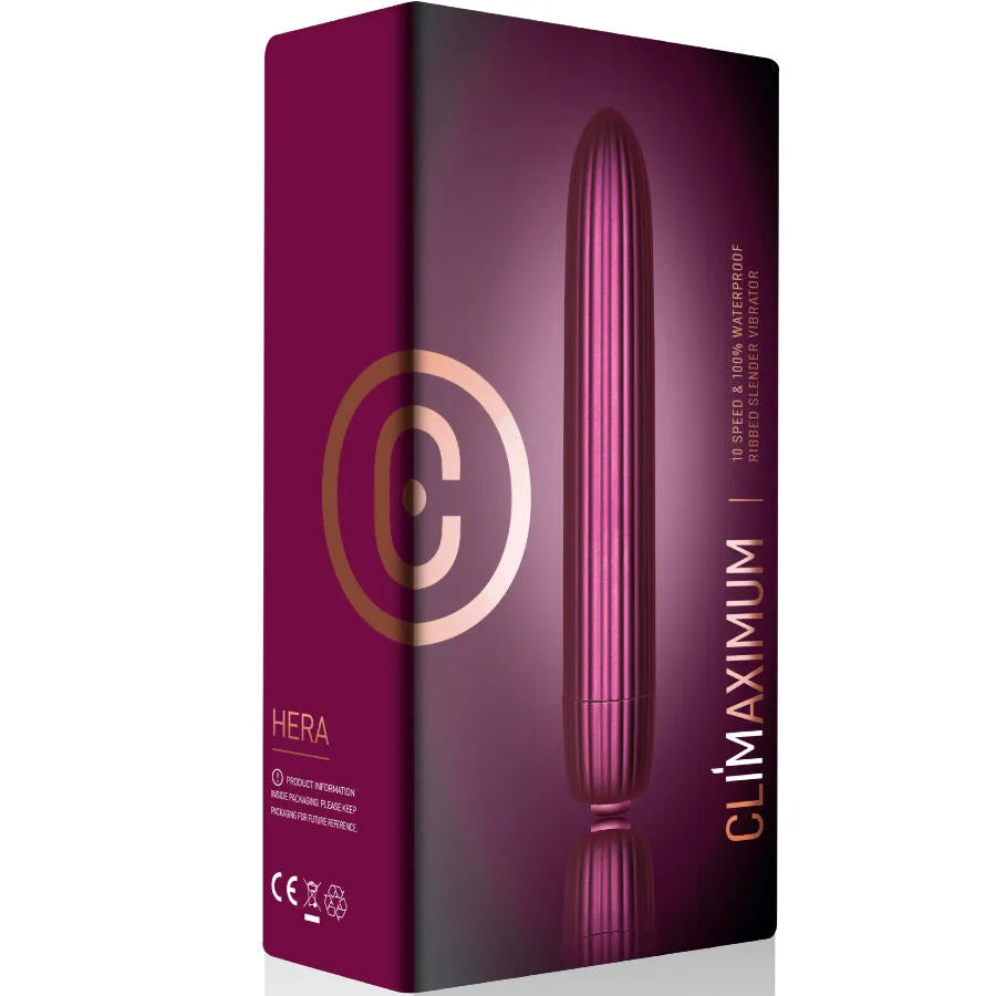 Vibrateur bullet rose nervuré Climaximum Hera, design élégant, 10 vitesses, étanche, dimensions 23x143 mm.