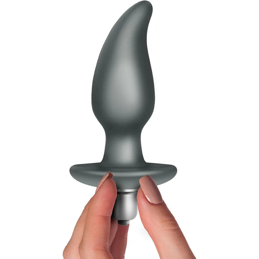 Plug anal vibrant noir, forme effilée et courbée, base évasée, balle amovible, stimulation prostate, étanche IPX7.
