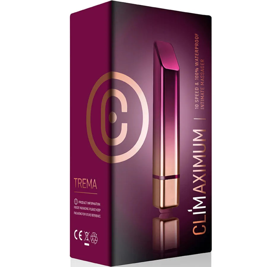 Vibrateur Climaximum Trema, forme de rouge à lèvres, rose et or, 10 vitesses, étanche IPX7, design élégant.