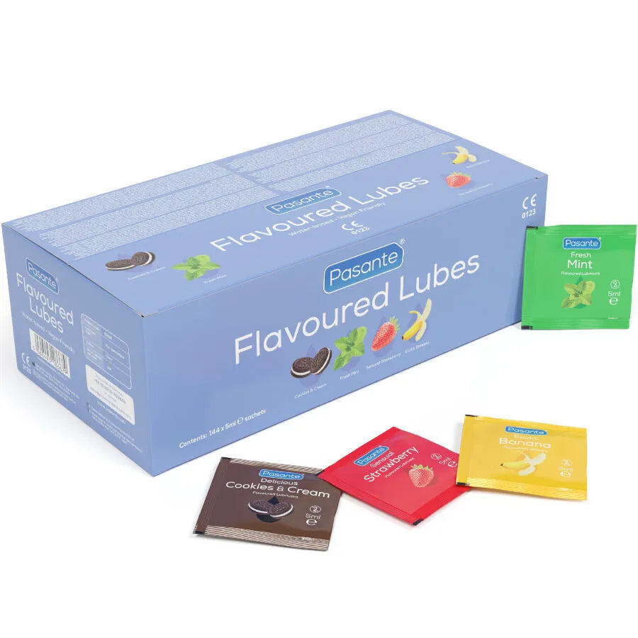 Pasante - Boîte De Lubrifiants Aromatisés 144 Unités 5 Ml - Menthe, Banane, Fraise, Cookie & Cream