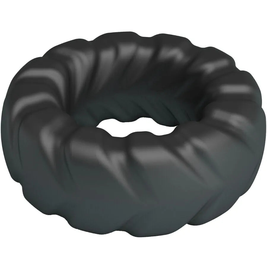 Anneau pénien noir texturé en silicone, design circulaire ondulé, pour confort et durabilité.