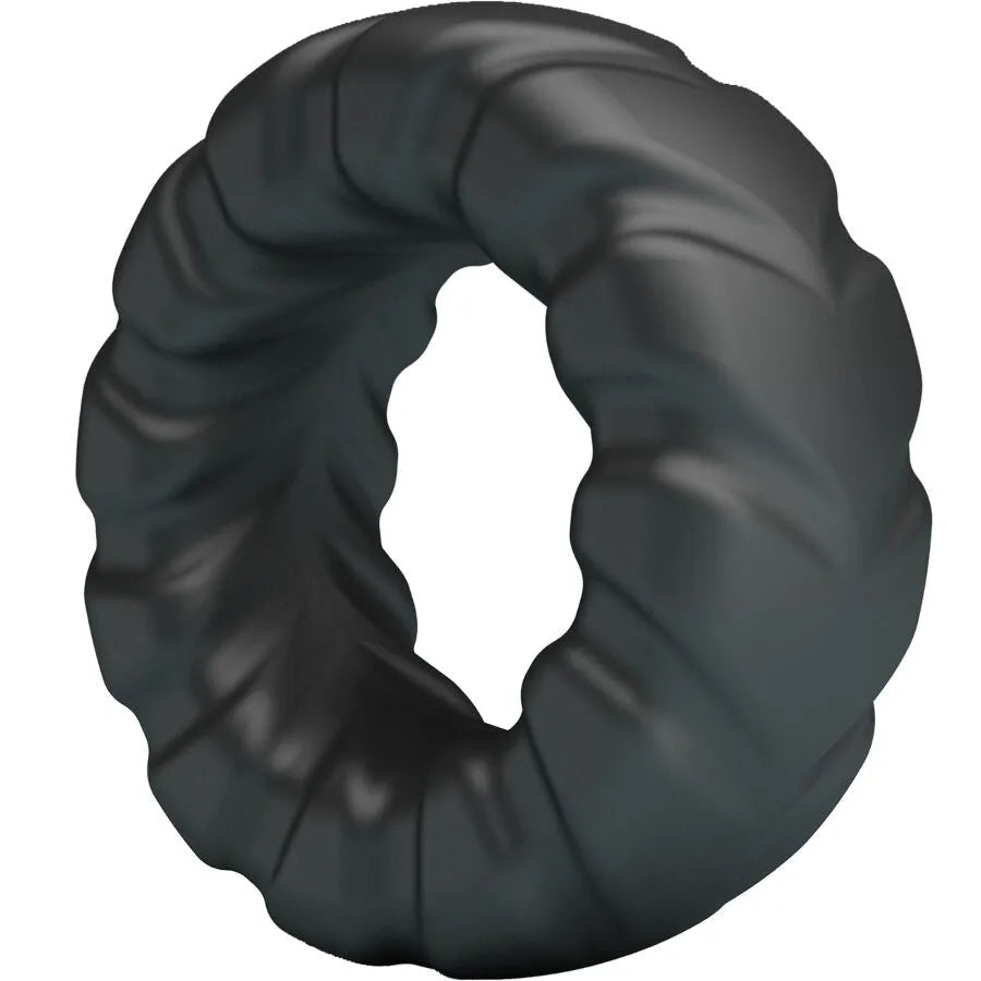 Anneau pénien noir texturé en silicone, design circulaire ondulé, confort optimal pour expériences intimes.