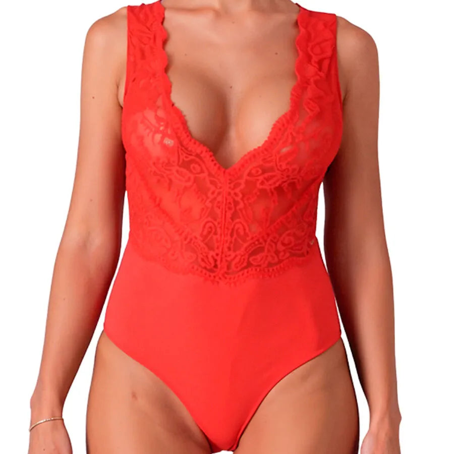 Body rouge EVALIE en dentelle délicate, décolleté plongeant, ajusté, élégant et sensuel pour soirées romantiques.
