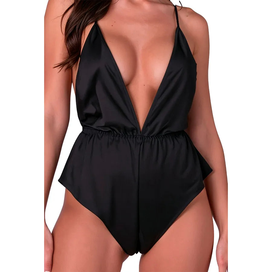Body en satin noir, décolleté V profond, bretelles dorées, taille élastique, dos nu, lingerie féminine élégante.