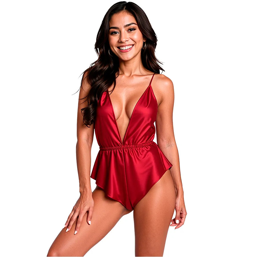 Body lingerie satin rouge ajusté décolleté plongeant bretelles fines ajustables dos nu élasticité optimale confort finitions luxueuses détails dorés sensualité