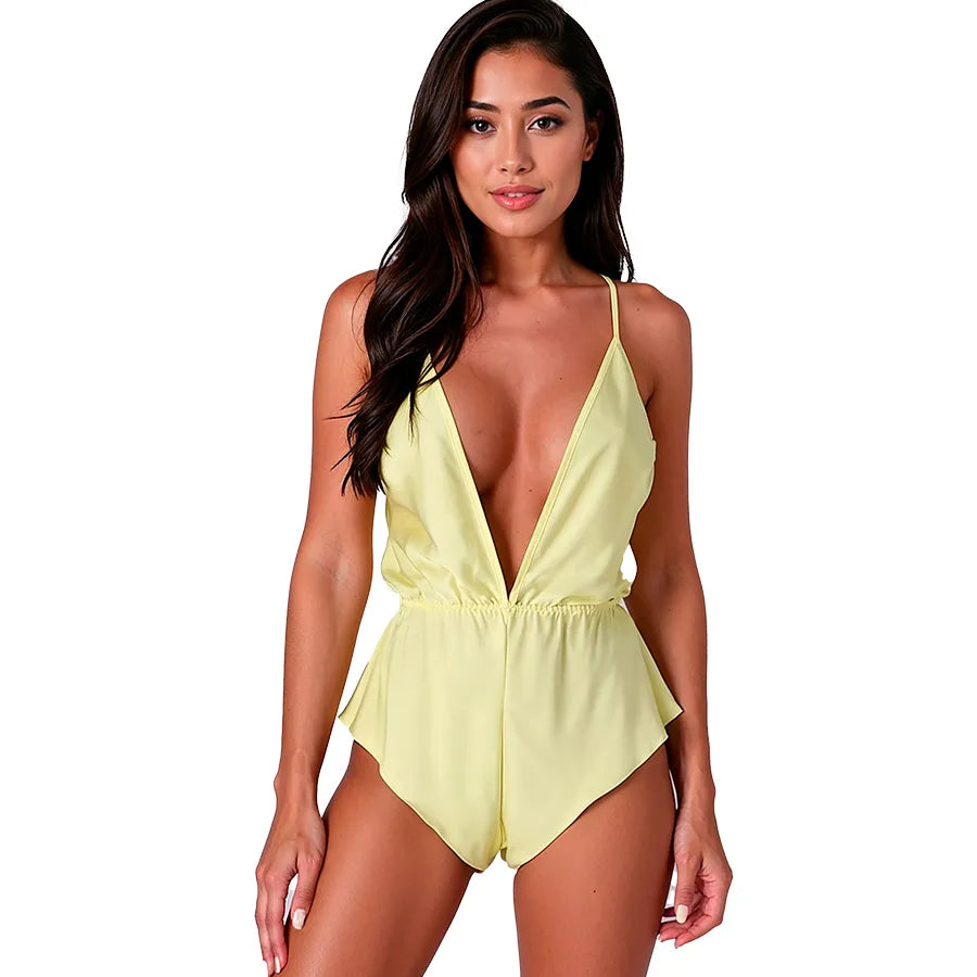 Body satin élégant décolleté profond V bretelles réglables taille élastique dos nu détails dorés jaune pâle