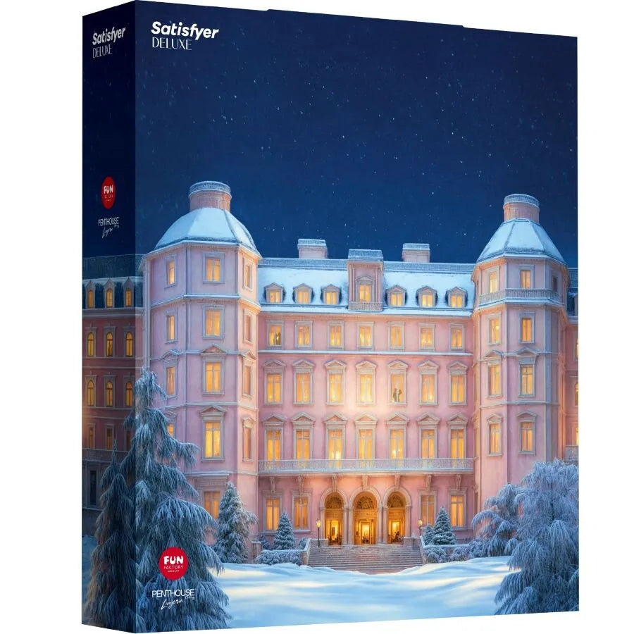 Calendrier Avent érotique Satisfyer Deluxe 2025, boîte élégante, illustration château enneigé, ambiance festive.