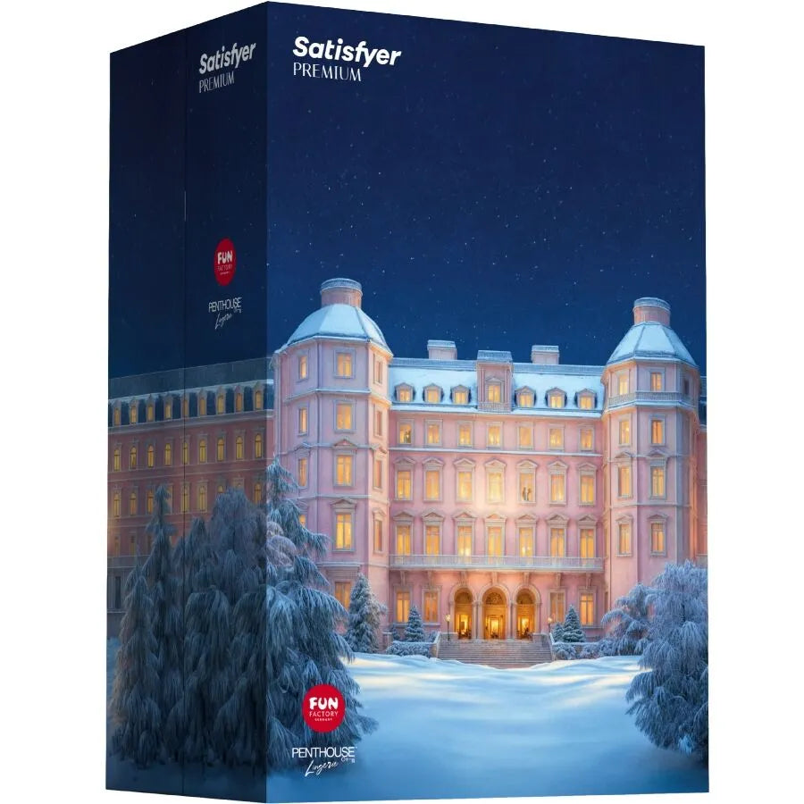 Calendrier de l'Avent Satisfyer 2025, boîte luxueuse bleu nuit, illustration château enneigé, 24 portes surprises.