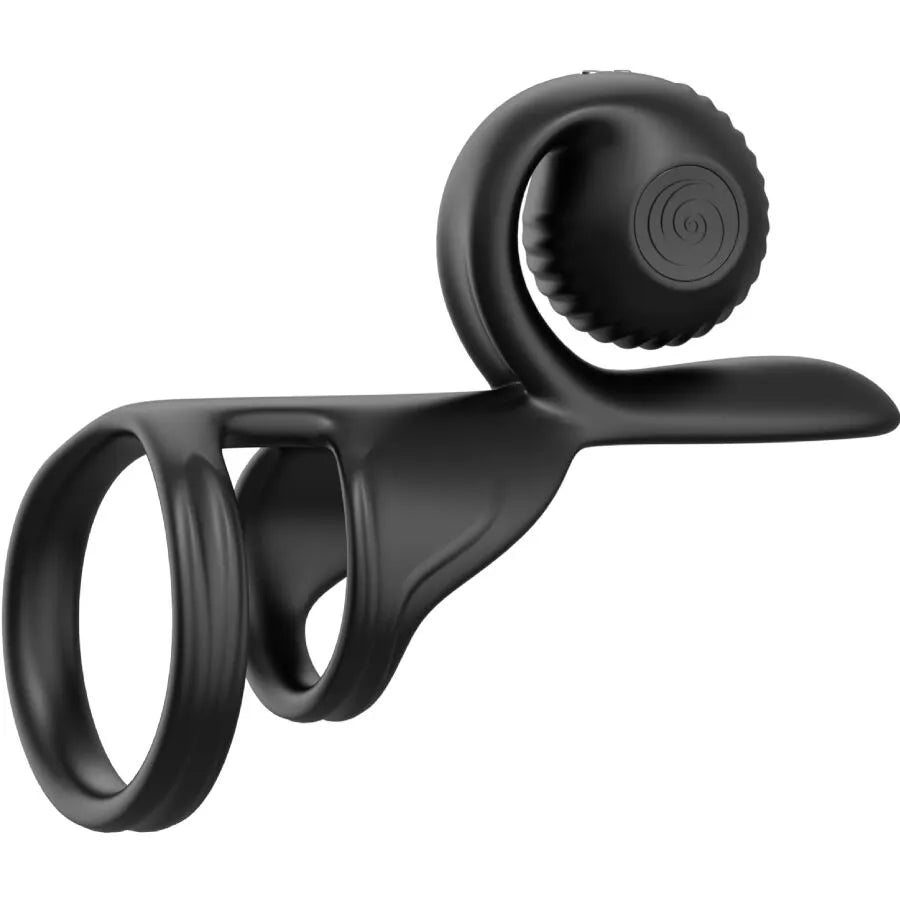Anneau pénien vibrant noir en silicone médical, design ergonomique avec télécommande, rainuré et extensible pour couples.