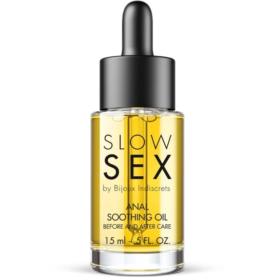 Flacon d'huile anale apaisante Bijoux Indiscrets 15 ml, avec pipette noire, pour soin intime et hydratation.
